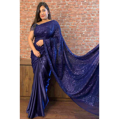 Isadora Life Womens Sequined Blue Pre-Draped Saree with Unstitched Blouse