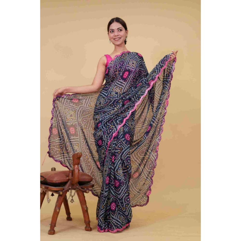 Isadora Life Womens Bandhani Printed Navy Blue Pre-Draped Saree with Unstitched Blouse