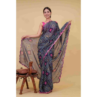 Isadora Life Womens Bandhani Printed Navy Blue Pre-Draped Saree with Unstitched Blouse