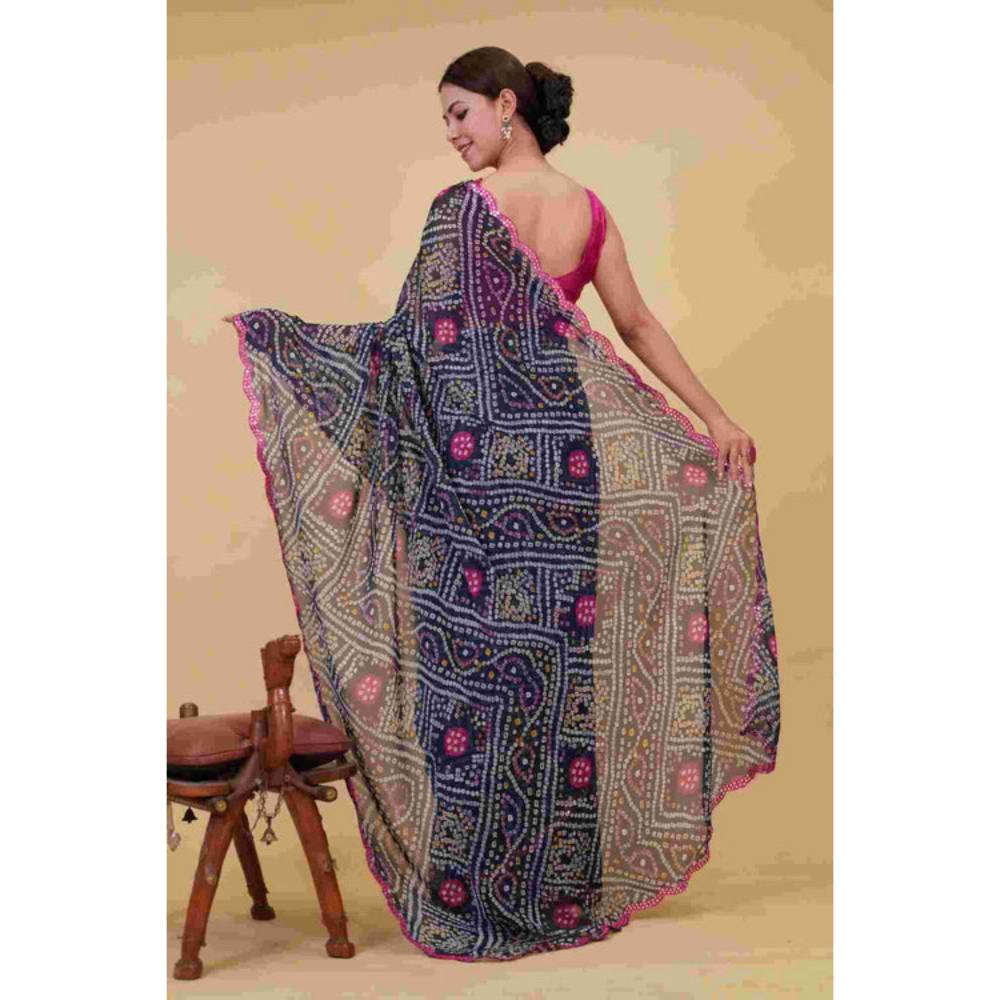 Isadora Life Womens Bandhani Printed Navy Blue Pre-Draped Saree with Unstitched Blouse