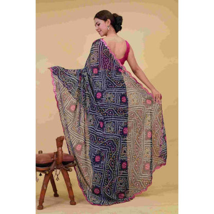 Isadora Life Womens Bandhani Printed Navy Blue Pre-Draped Saree with Unstitched Blouse