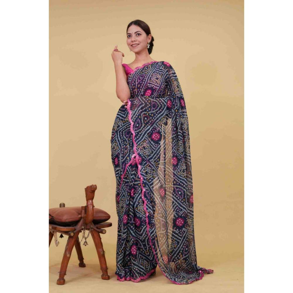 Isadora Life Womens Bandhani Printed Navy Blue Pre-Draped Saree with Unstitched Blouse