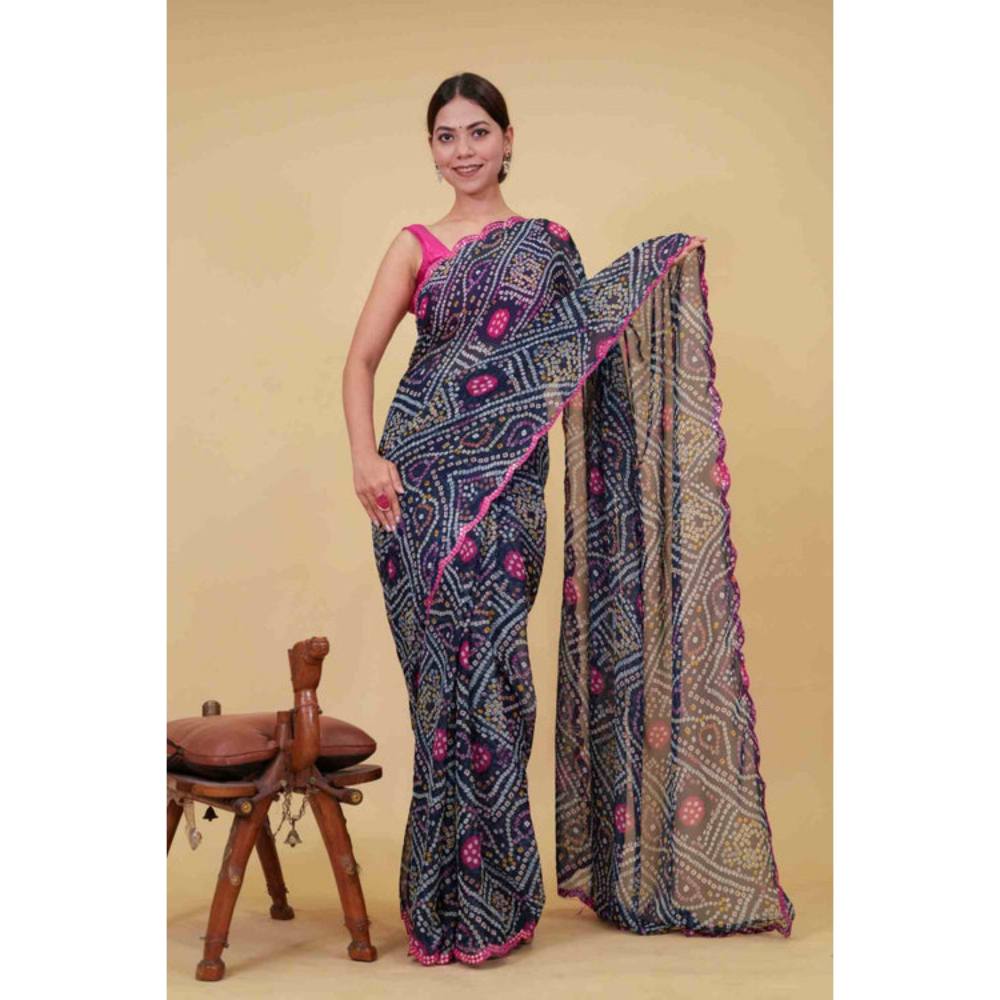 Isadora Life Womens Bandhani Printed Navy Blue Pre-Draped Saree with Unstitched Blouse
