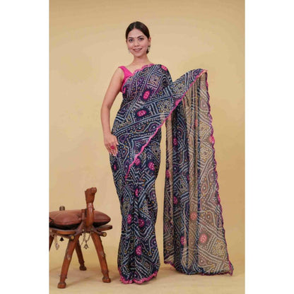 Isadora Life Womens Bandhani Printed Navy Blue Pre-Draped Saree with Unstitched Blouse