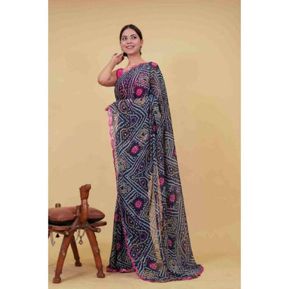 Isadora Life Womens Bandhani Printed Navy Blue Pre-Draped Saree with Unstitched Blouse