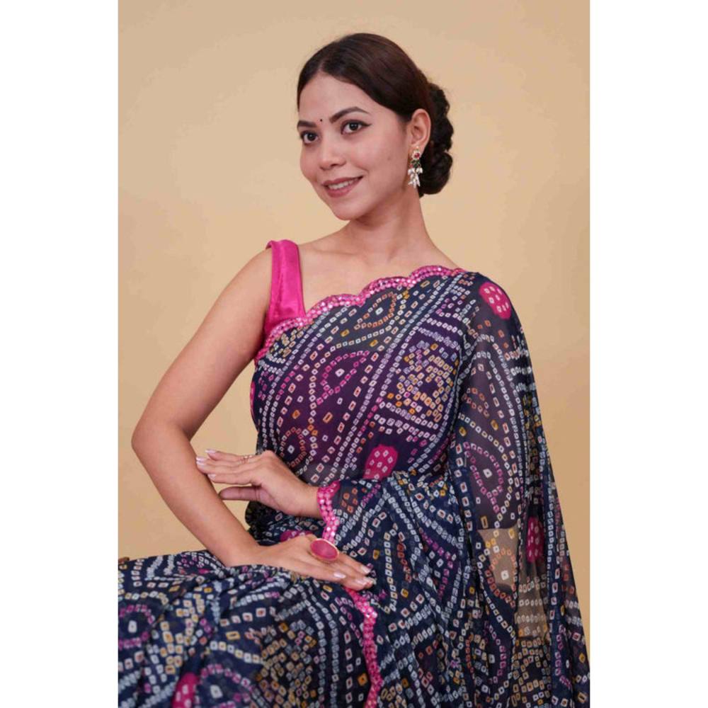 Isadora Life Womens Bandhani Printed Navy Blue Pre-Draped Saree with Unstitched Blouse