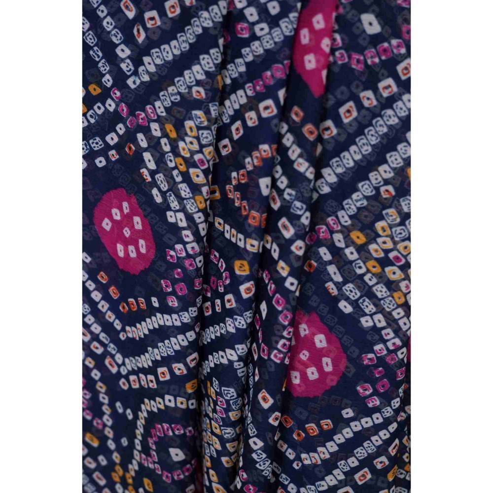 Isadora Life Womens Bandhani Printed Navy Blue Pre-Draped Saree with Unstitched Blouse
