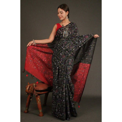 Isadora Life Womens Printed Tassels Black Pre-Draped Saree with Unstitched Blouse