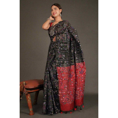 Isadora Life Womens Printed Tassels Black Pre-Draped Saree with Unstitched Blouse