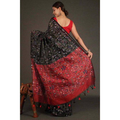 Isadora Life Womens Printed Tassels Black Pre-Draped Saree with Unstitched Blouse
