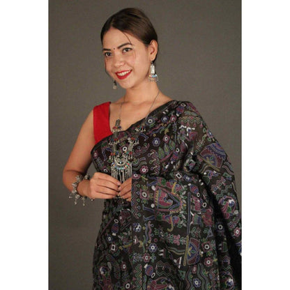 Isadora Life Womens Printed Tassels Black Pre-Draped Saree with Unstitched Blouse
