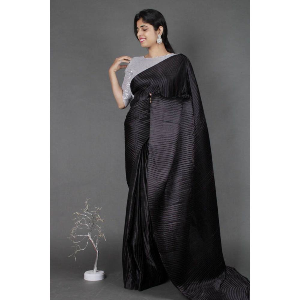 Isadora Life Womens Solid Black Pre-Draped Saree with Unstitched Blouse