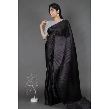 Isadora Life Womens Solid Black Pre-Draped Saree with Unstitched Blouse