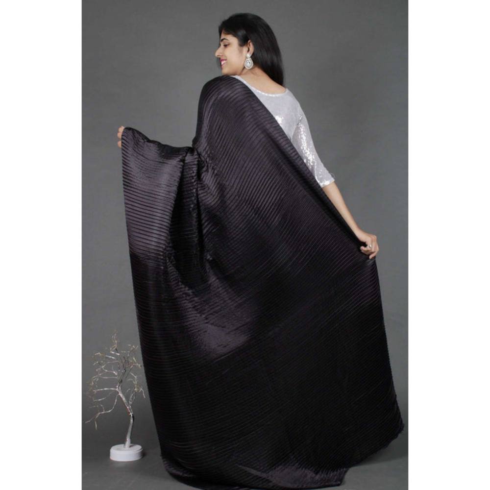 Isadora Life Womens Solid Black Pre-Draped Saree with Unstitched Blouse