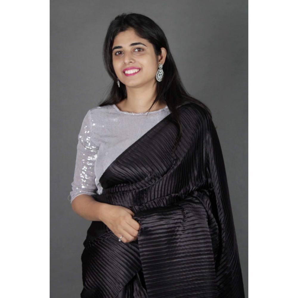 Isadora Life Womens Solid Black Pre-Draped Saree with Unstitched Blouse