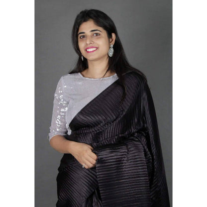 Isadora Life Womens Solid Black Pre-Draped Saree with Unstitched Blouse