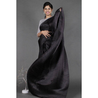 Isadora Life Womens Solid Black Pre-Draped Saree with Unstitched Blouse