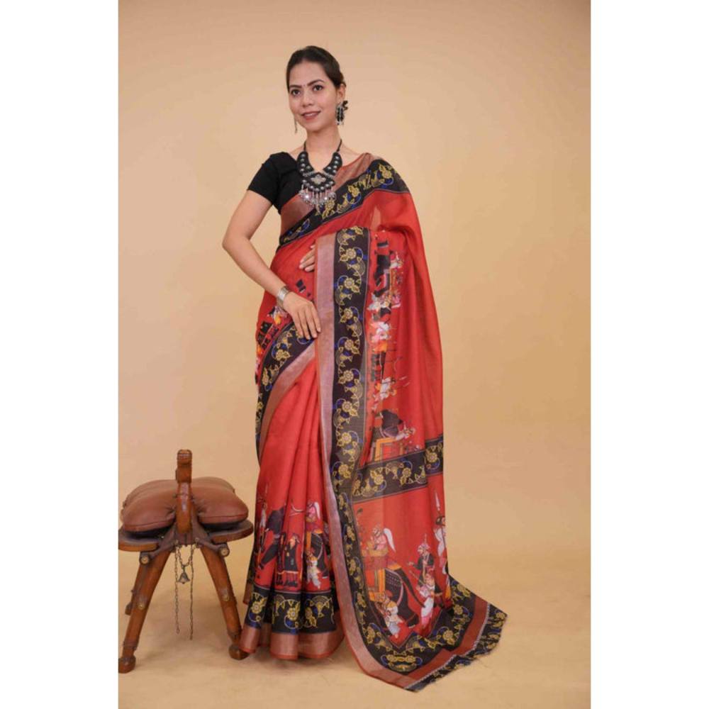Isadora Life Womens Graphic Printed Pink Pre-Draped Saree with Unstitched Blouse