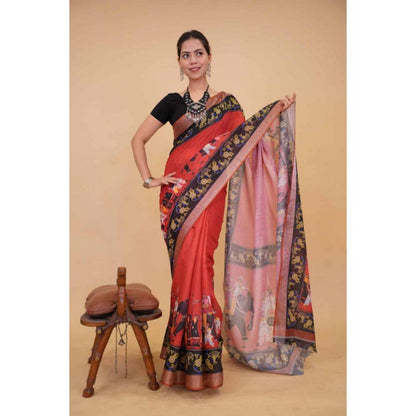 Isadora Life Womens Graphic Printed Pink Pre-Draped Saree with Unstitched Blouse