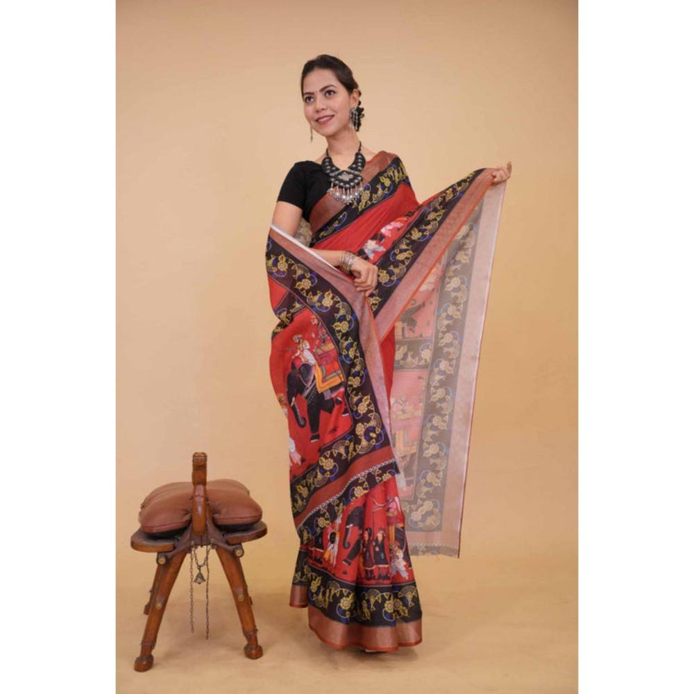 Isadora Life Womens Graphic Printed Pink Pre-Draped Saree with Unstitched Blouse