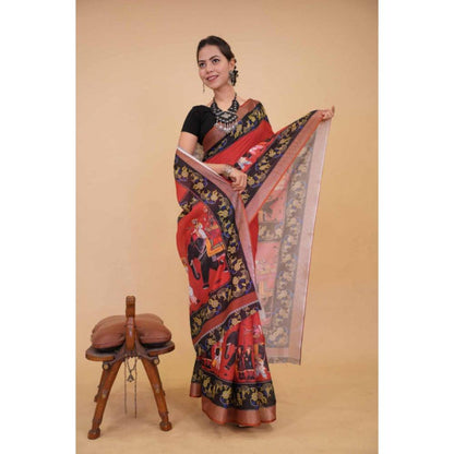 Isadora Life Womens Graphic Printed Pink Pre-Draped Saree with Unstitched Blouse
