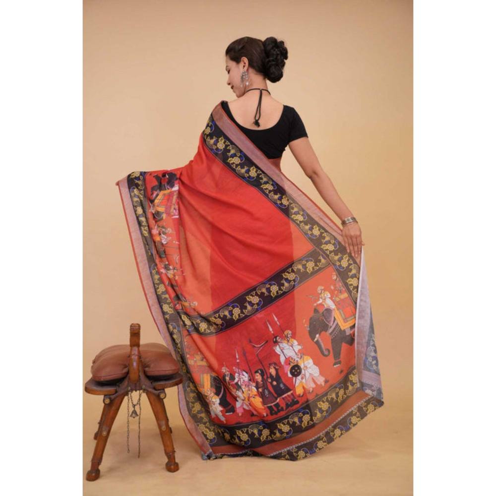 Isadora Life Womens Graphic Printed Pink Pre-Draped Saree with Unstitched Blouse