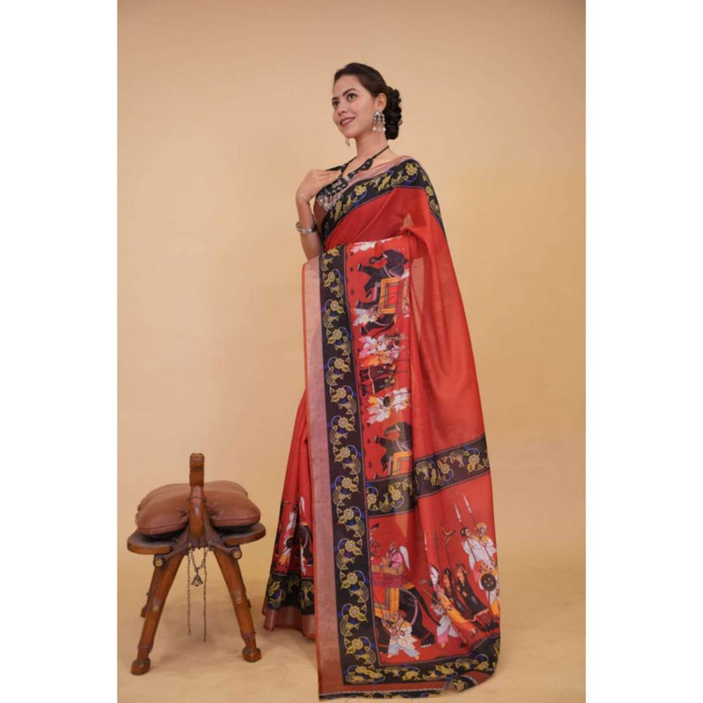 Isadora Life Womens Graphic Printed Pink Pre-Draped Saree with Unstitched Blouse