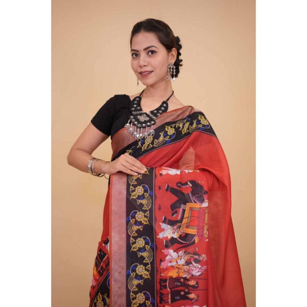 Isadora Life Womens Graphic Printed Pink Pre-Draped Saree with Unstitched Blouse