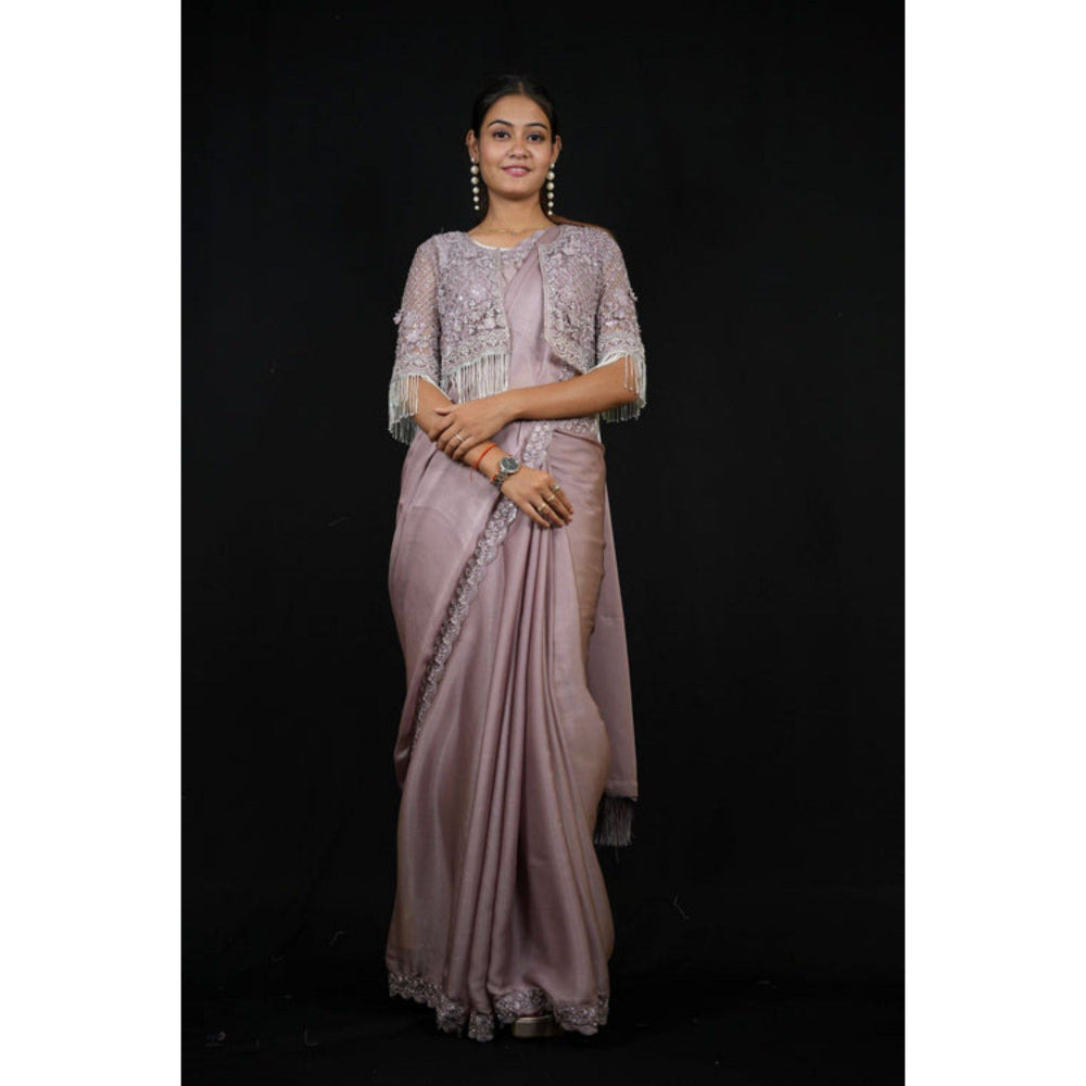Isadora Life Womens Sequined Lavender Pre-Draped Saree with Unstitched Blouse and Jacket