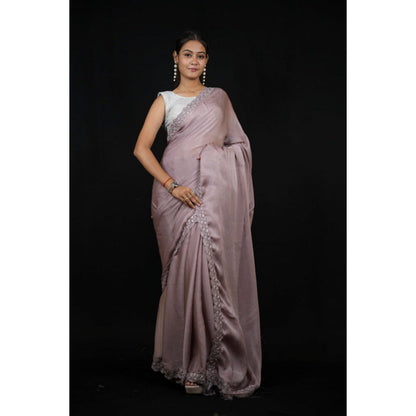 Isadora Life Womens Sequined Lavender Pre-Draped Saree with Unstitched Blouse and Jacket