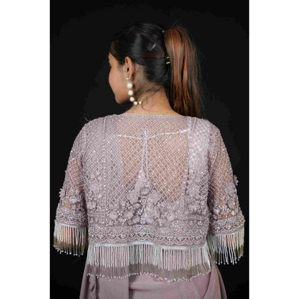 Isadora Life Womens Sequined Lavender Pre-Draped Saree with Unstitched Blouse and Jacket