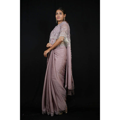 Isadora Life Womens Sequined Lavender Pre-Draped Saree with Unstitched Blouse and Jacket