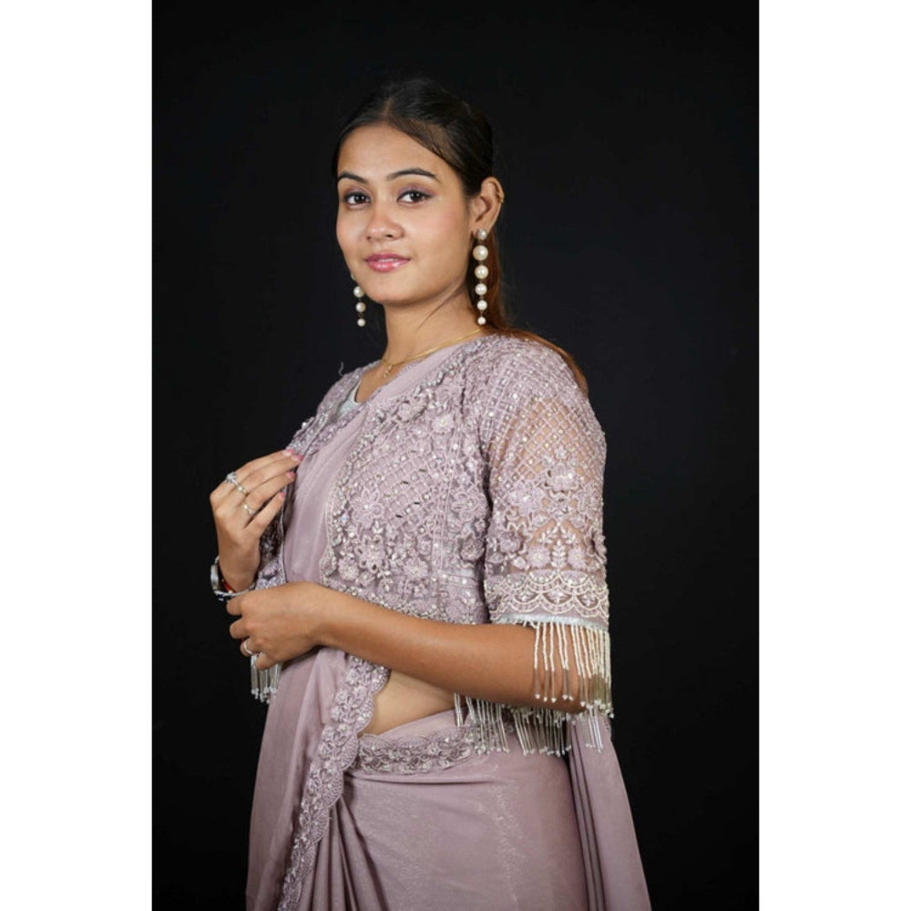 Isadora Life Womens Sequined Lavender Pre-Draped Saree with Unstitched Blouse and Jacket
