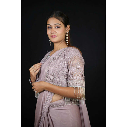 Isadora Life Womens Sequined Lavender Pre-Draped Saree with Unstitched Blouse and Jacket