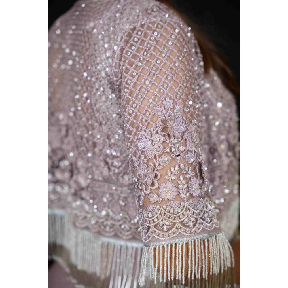 Isadora Life Womens Sequined Lavender Pre-Draped Saree with Unstitched Blouse and Jacket