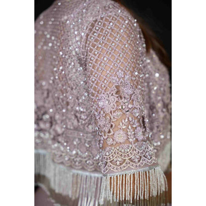 Isadora Life Womens Sequined Lavender Pre-Draped Saree with Unstitched Blouse and Jacket