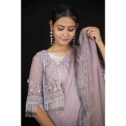 Isadora Life Womens Sequined Lavender Pre-Draped Saree with Unstitched Blouse and Jacket