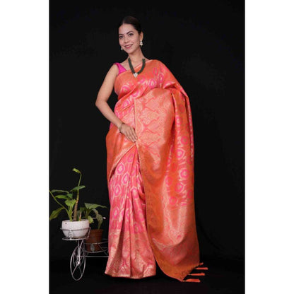 Isadora Life Womens Woven Zari Pink Pre-Draped Saree with Unstitched Blouse