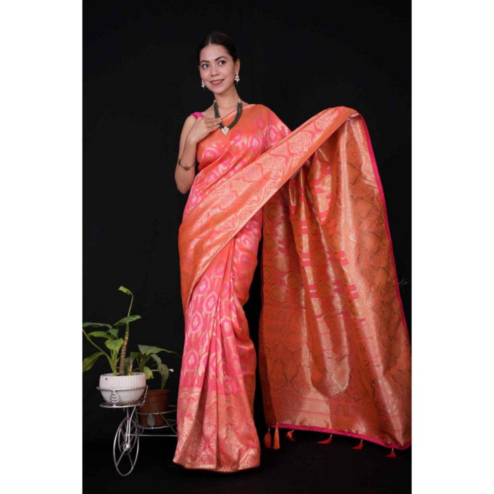 Isadora Life Womens Woven Zari Pink Pre-Draped Saree with Unstitched Blouse