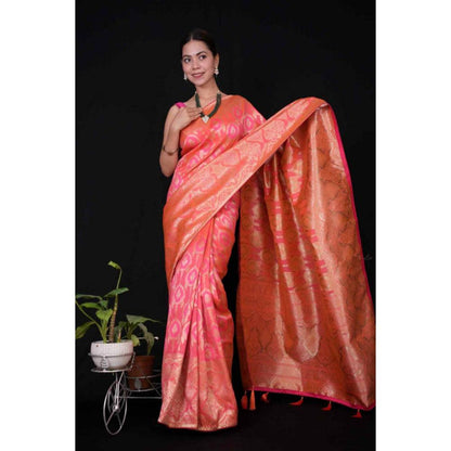 Isadora Life Womens Woven Zari Pink Pre-Draped Saree with Unstitched Blouse