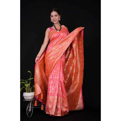 Isadora Life Womens Woven Zari Pink Pre-Draped Saree with Unstitched Blouse