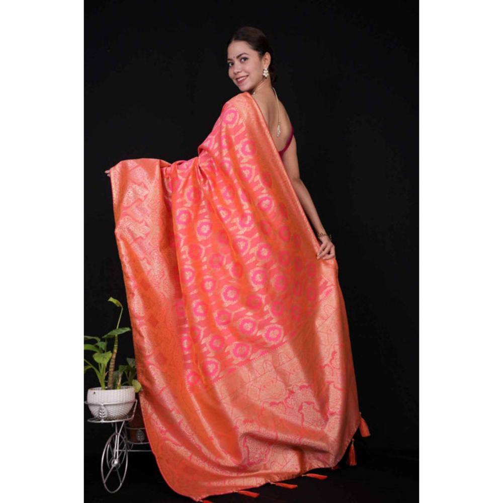Isadora Life Womens Woven Zari Pink Pre-Draped Saree with Unstitched Blouse