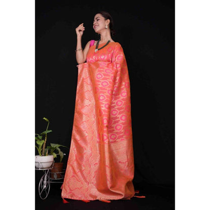 Isadora Life Womens Woven Zari Pink Pre-Draped Saree with Unstitched Blouse