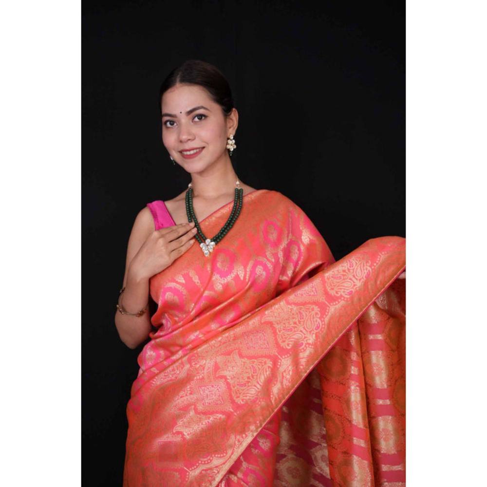 Isadora Life Womens Woven Zari Pink Pre-Draped Saree with Unstitched Blouse