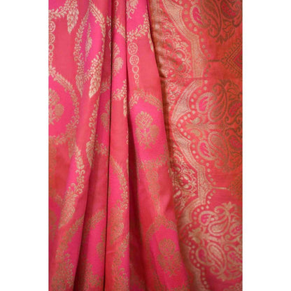 Isadora Life Womens Woven Zari Pink Pre-Draped Saree with Unstitched Blouse