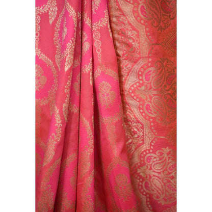 Isadora Life Womens Woven Zari Pink Pre-Draped Saree with Unstitched Blouse