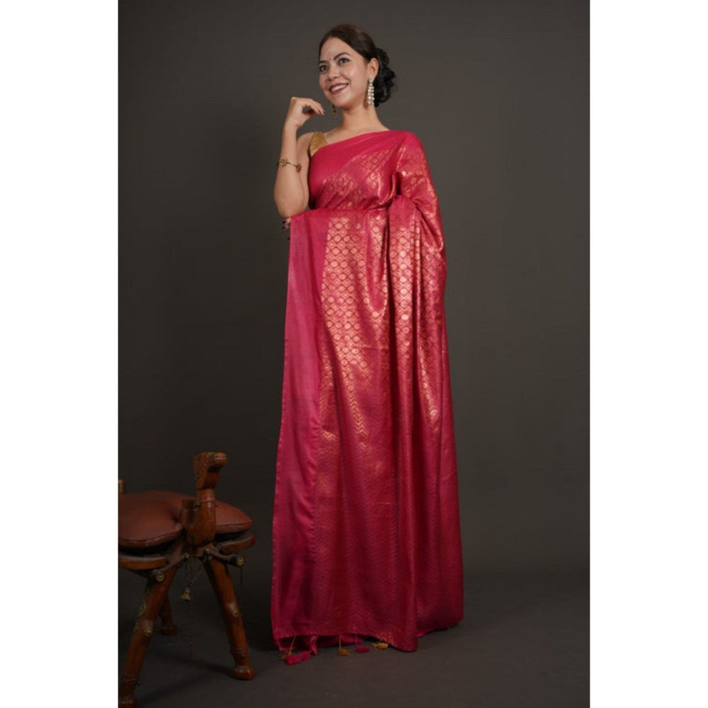 Isadora Life Womens Woven Tassels Pink Pre-Draped Saree with Unstitched Blouse