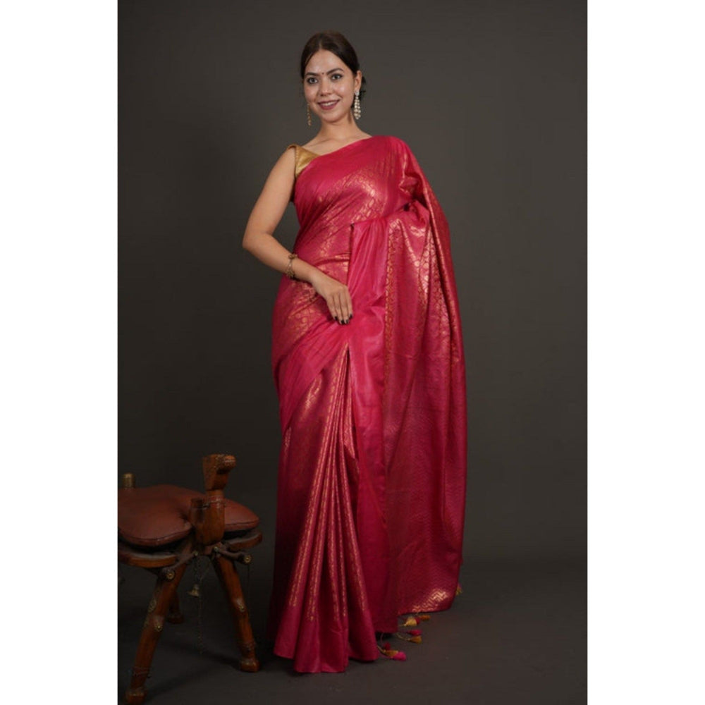 Isadora Life Womens Woven Tassels Pink Pre-Draped Saree with Unstitched Blouse