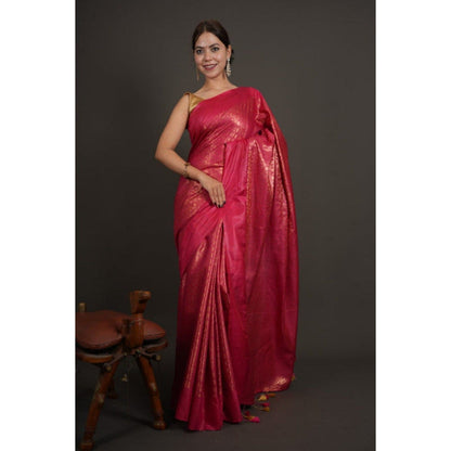 Isadora Life Womens Woven Tassels Pink Pre-Draped Saree with Unstitched Blouse