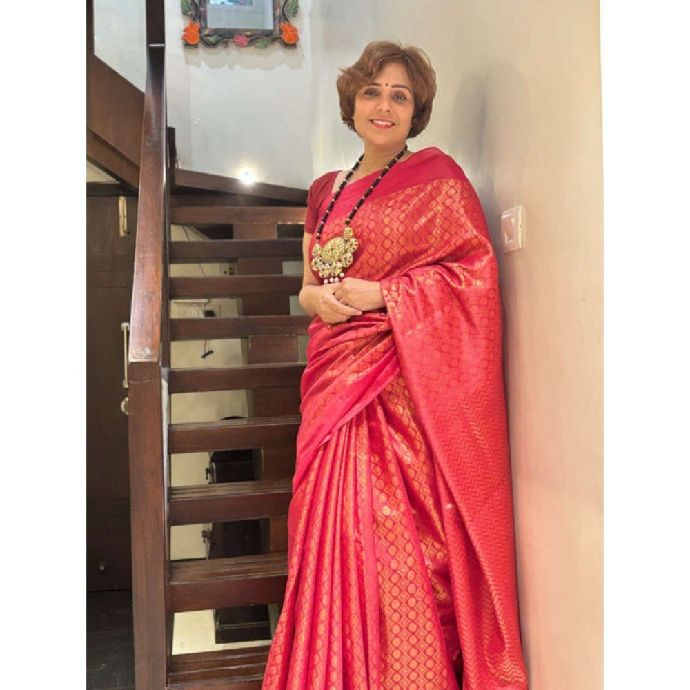 Isadora Life Womens Woven Tassels Pink Pre-Draped Saree with Unstitched Blouse